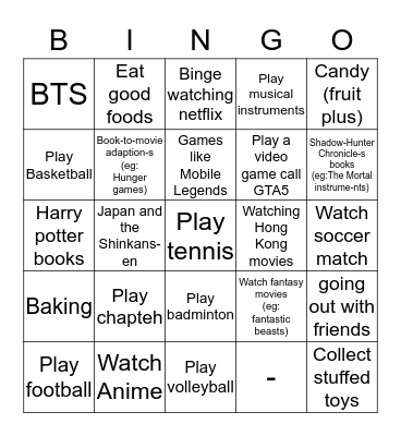 What do you like?/ What are your hobbies? Bingo Card