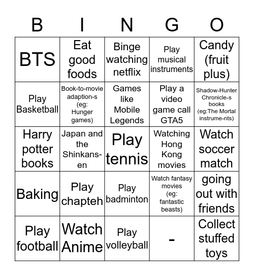 What do you like?/ What are your hobbies? Bingo Card
