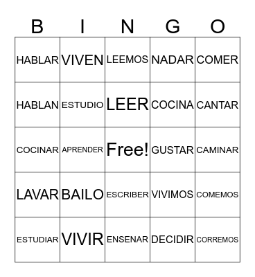 AR ER IR VERBS  Bingo Card