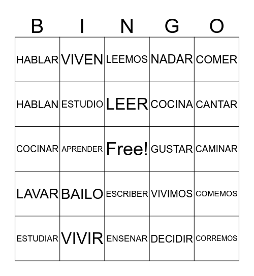 AR ER IR VERBS  Bingo Card