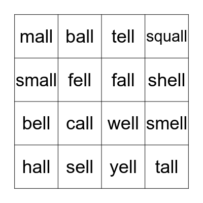 ell & all Word Families Bingo Card