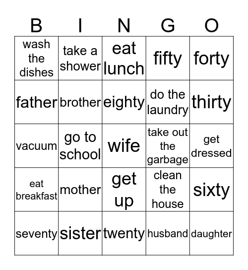 Units 3 and 4  Time and Family Bingo Card