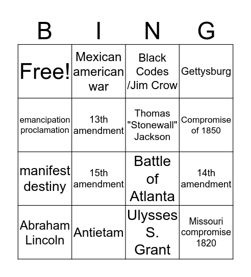 Antebellum, America, Civil War, & Reconstruction Bingo Card