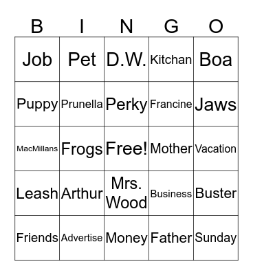 Arthur's Pet Buisiness Bingo Card