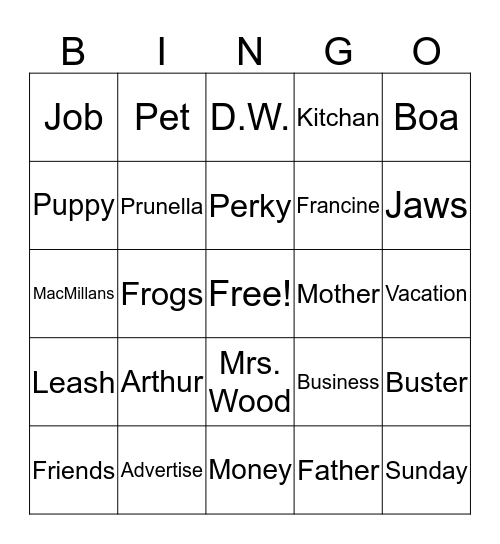 Arthur's Pet Buisiness Bingo Card