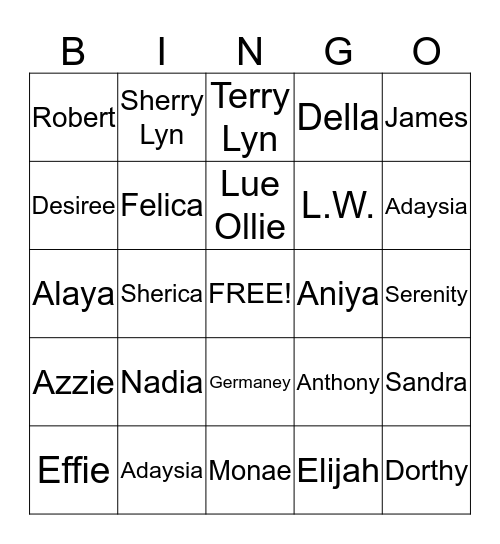 Family Name Bingo Card