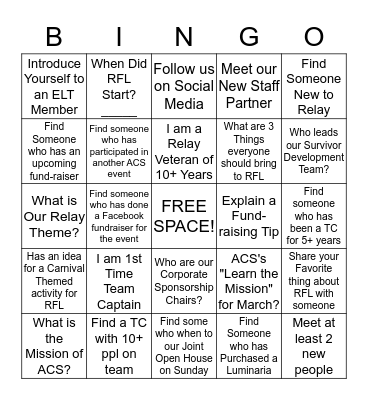 CCC Relay Rally Bingo Card