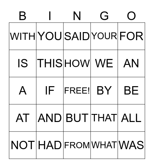 SIGHT WORDS Bingo Card