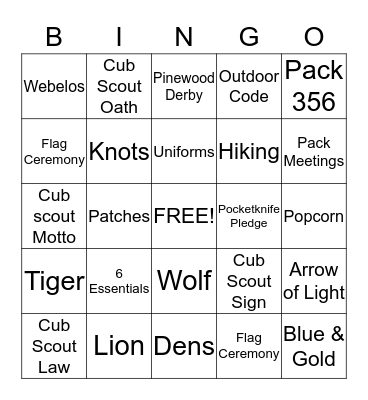 Cub Scout BINGO Card