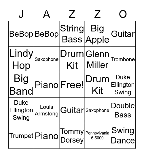 Jazz Instrument Bingo Card