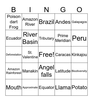 South America Bingo Card