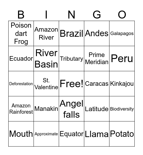 South America Bingo Card