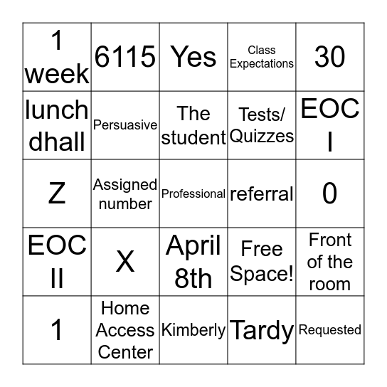 classroom procedurees bingo