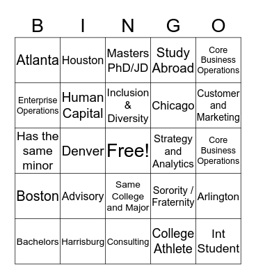 Speed Networking Bingo Card