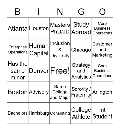 Speed Networking Bingo Card