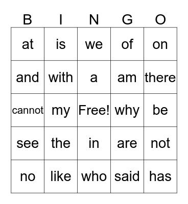 Sight Words Bingo Card