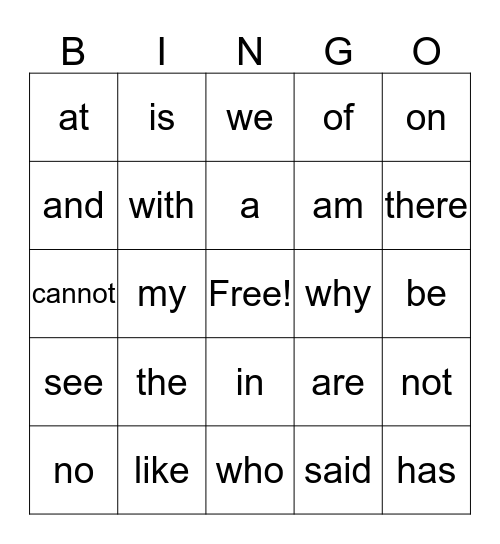 Sight Words Bingo Card