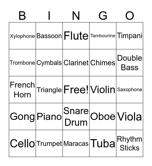 Orchestra Instruments  Bingo Card