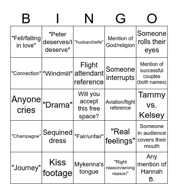 Pilot Pete: Women Tell All Bingo Card