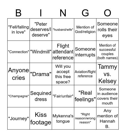 Pilot Pete: Women Tell All Bingo Card