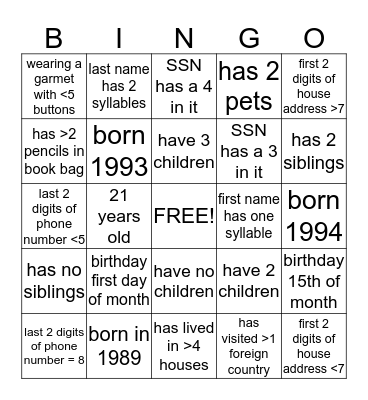 Get Acquainted Math  Bingo Card