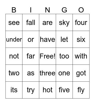 Sight Words Bingo 2 Bingo Card