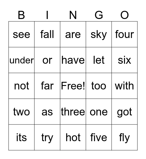 Sight Words Bingo 2 Bingo Card