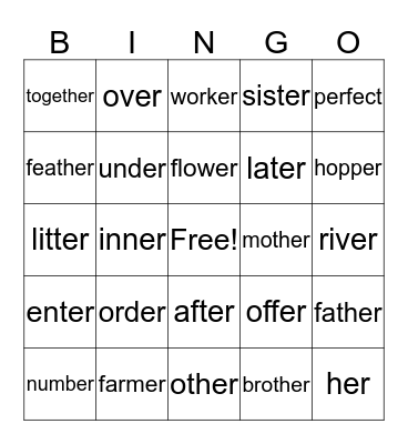 "er" words Bingo Card