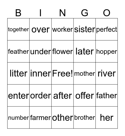 "er" words Bingo Card