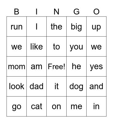 Sight Word Bingo Card