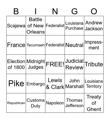 Jefferson Era Bingo Card