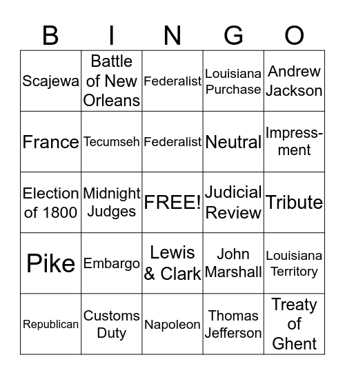 Jefferson Era Bingo Card