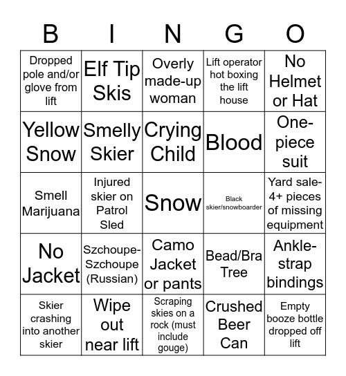 Skier's Bingo Card