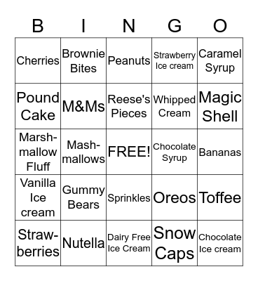 ICE CREAM BINGGO Bingo Card