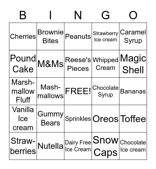 ICE CREAM BINGGO Bingo Card