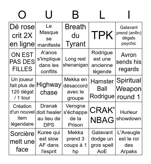 Les Havres de l'Oubli Bingo Card