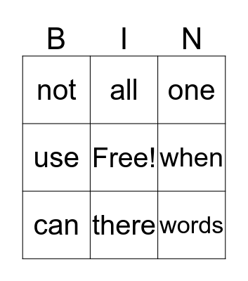 Sight Words Bingo Card