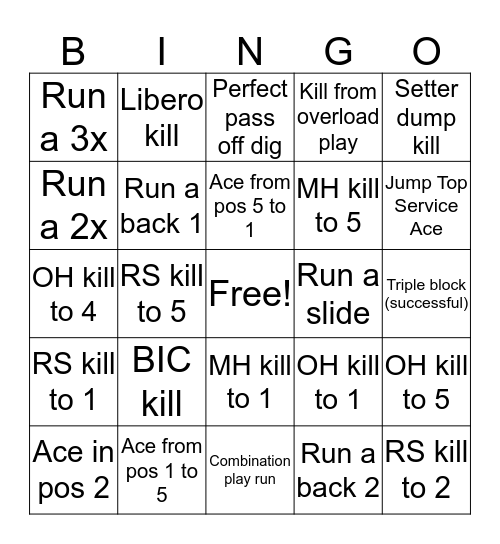 Volleyball Bingo Card