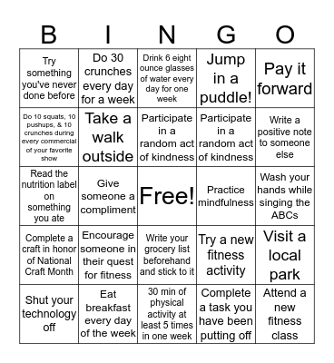 March Madness for Wellness BINGO Card