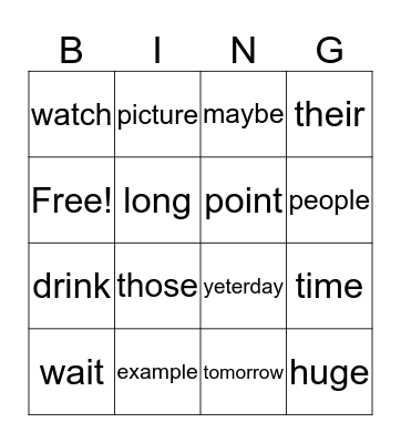Spelling Words Bingo Card