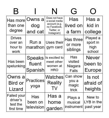 HRO Women's Networking Bingo Card