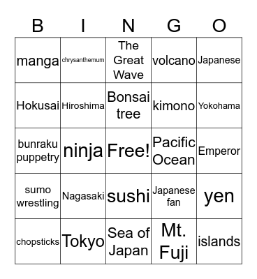 Japan Bingo Card