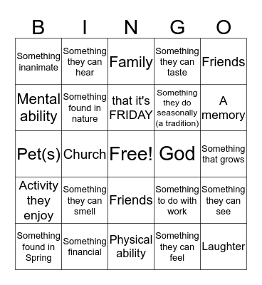 Gratitude Bingo Card