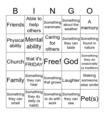 Gratitude Bingo Card