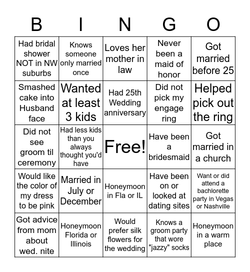 Kaitlyn's Bridal Shower Bingo Card