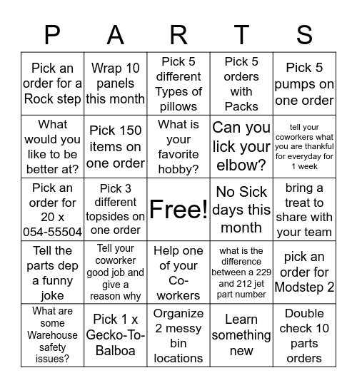 PARTS TEAM BINGO Card