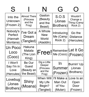 Disney SINGO!  Bingo Card