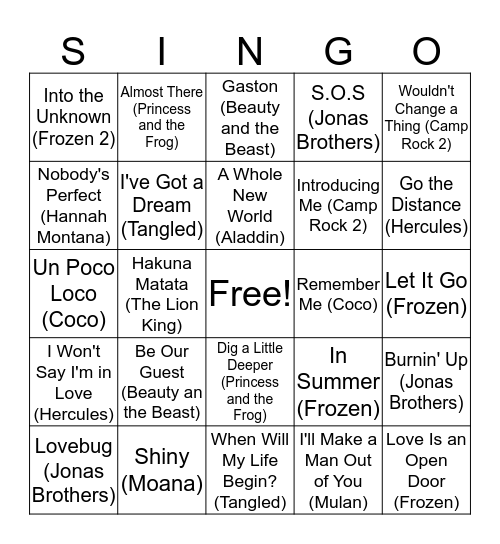 Disney SINGO!  Bingo Card