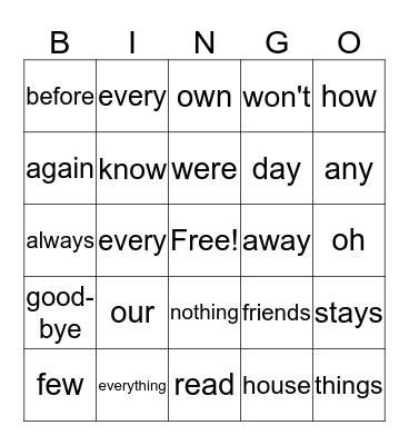 Sight Word Bingo Card