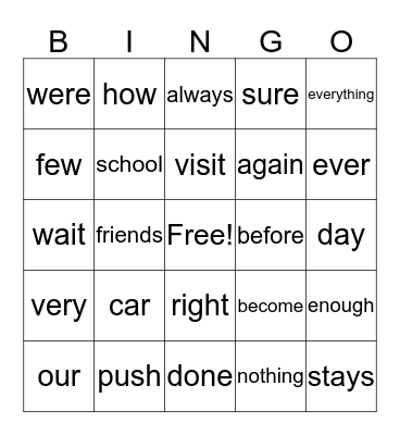 Sight Word Bingo Card
